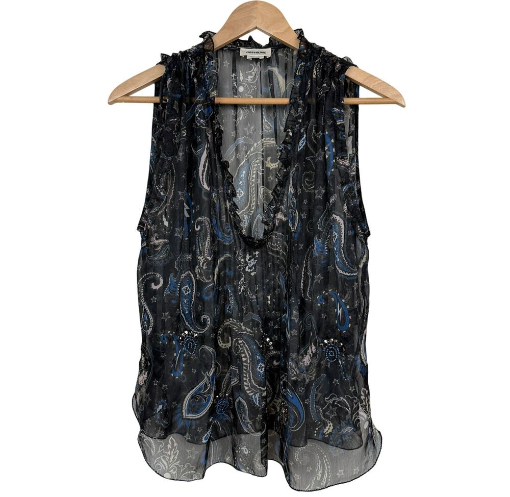 Zadig & Voltaire Paisley Sheer Sleeveless Blouse Rocker Boho Paisley Black Sz L